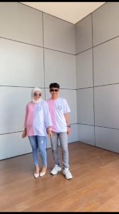 ELQIA -  Atasan Kaos Couple Baju Pasangan Aldira Bulat Putih 06 Oversize Kombinasi Katun Combed