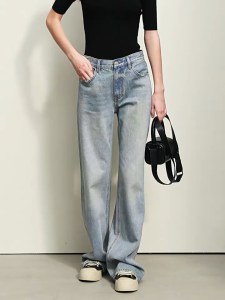 Jeans womens autumn washed and polished white straight-leg pants non-elastic light blue long pants  KL2-1244TM1246-B