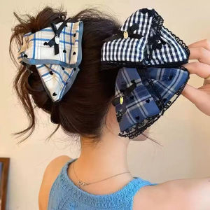 1pc Korean plaid bow triangle hair claw college style sweet temperament shark hairpin hair accessory for the back of head