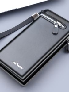 Mens Fashion Long Wallet Zipper Closure Large Capacity Mobile Phone Bag Simplistic Soft Surface Portable Small Handbag