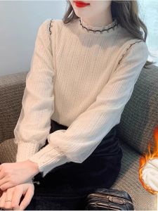 WANGGONGZHU | Lace Base Layer Shirt Womens Thickened Fleece Half High Collar Autumn Winter Fashion Korean Style Long Sleeve Loose Fit Top