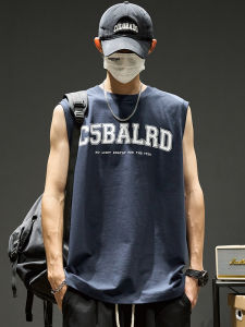 เสื้อกั๊กผ้าฝ้ายหลวมแขนกุดพิมพ์ลายแฟชั่นฤดูร้อนสำหรับผู้ชาย เสื้อกั๊กออกกำลังกายแบบลำลอง คอกลม ระบายอากาศได้ดี