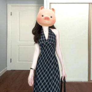 CHANGTONG | Resort V-Neck Plaid Off-Shoulder Skinny Dress