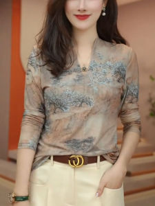 Womens Long Sleeve Mesh Base Shirt Fashionable Printed T-Shirt Inner Wear Top Double Layer Netting Spring Autumn Winter New Style