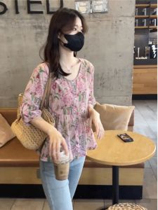 เสื้อเชิ้ตผ้าชีฟองลายดอกไม้แขนพองสไตล์เกาหลีสำหรับผู้หญิง ทรงหลวม ปกติ แขนสั้น คอกลม ฤดูร้อน 2023