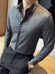 Spring Autumn Mens Slim Fit Casual Striped Shirt Fashionable Iron Free Elegant Long Sleeve Regular Thickness Flat Collar