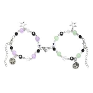 2 Pcs Green and Purple Beads Herat Shaped Magnet Couples Bracelets BFF Trendy Jewelry Gifts