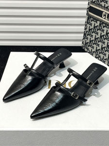 รองเท้าแตะส้นเตี้ยแบบสวมหัวสไตล์ฝรั่งเศสสำหรับผู้หญิง ทรงหนีบ กันน้ำ หนังวัวสองชั้น รองเท้าทำงานฤดูร้อน 2025 ทรงหัวแหลมเซ็กซี่