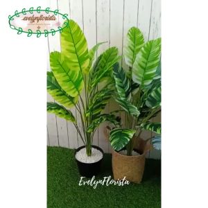 Pohon Daun Musa Florida X18 Semi Latex Artificial Pot Dasar Hitam Cover Anyaman Purun Handle Dekorasi Rumah Hiasan Ruang Tamu