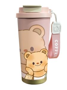 Portable Insulated Stainless Steel Coffee Cup 316 Butter Bear Straw Water Bottle Womens High-End Feelings Companion Drink Cup