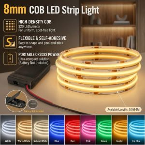 DC5V 8mm PCB COB LED Strip 320LEDs/M CR2032 Button Battery Case 0.5-3M Warm/Neutral/White Light Flexible Tape for DIY Home Decor