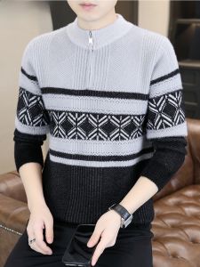 HENGYUANXIANG | เสื้อสเวตเตอร์คอปกสูงมีซิปครึ่งตัวสำหรับผู้ชาย ทรงหลวม ลายทาง ผ้าถัก เสื้อผ้าทำงานฤดูหนาว โพลีเอสเตอร์ ไนลอน อะคริลิก