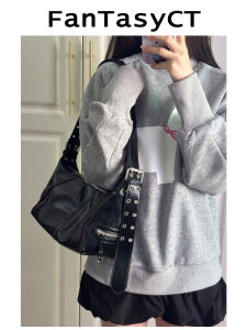 Black Punk Rivet Underarm Crossbody Bag Womens Small Design High-End Sensation French Bread Bag Fashionable Shoulder Bag