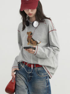 Fun Print T-Shirt Color Block Stitching Womens Loose Fit Cotton Polyester Blend Long Sleeve round Neck Top for plus Size