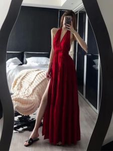 Váy Dài Không Tay Cổ Chữ V Màu Đỏ Kiểu Pháp Hở Lưng Cho Nữ Mùa Hè Đi Biển Váy Midi Cạp Cao Váy Dự Tiệc Mùa Hè Váy Dài