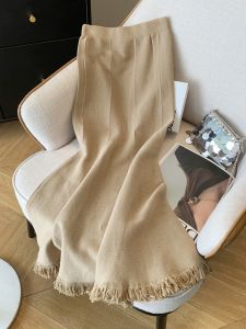 Váy Đuôi Cá Dệt Kim Cạp Cao Mùa Thu Đông Mới Váy Chữ a Một Bước Váy Dài Màu Trơn Không Thương Hiệu Phong Cách Công Sở