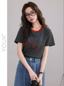 YOUXIANG | Áo Thun In Hình Rộng Retro Phụ Nữ Màu Xám