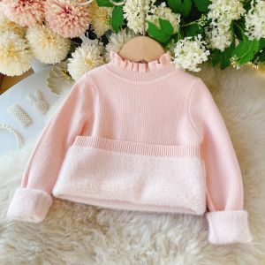 Thickened Fleece Girls Sweater Half High Collar Baby Soft Knittedwear Charmoffmy Brand Versatile Style Floral Edge Pure Color