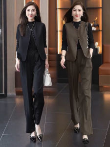 Fashionable High Waist Straight Leg Pants Vest Set Womens Autumn 2024 New Style Elegant Lady Three Piece Suit Trendy