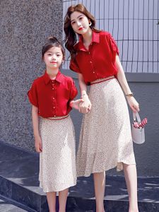 Floral Print Chiffon Mother Daughter Outfit Summer Collection Trendy Two-Piece Set for Ages 3-14 Seasonal Wear Polyester Fiber