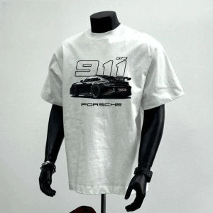 Heavyweight Pure Cotton American Retro 911 Car T-Shirt Mens Trendy New Summer round Neck Loose Short Sleeve Top