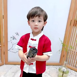 [1-10 Years] daidai Ready Stock Children Hanfu Cheongsam Tang Suit Boy Chinese New Year CNY Qipao 儿童唐装男童中国风短袖少爷服套装棉麻汉服
