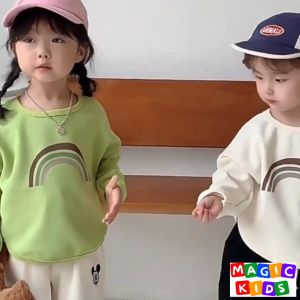 Kids Sweater Polyester Sweatshirt Jacket Rainbow Pattern Waffle Long-sleeve Tops for Boys and Girls 2-9 Years Old