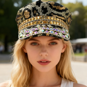 HongLuan Golden Leopard Steampunk Captain Hat Rhinestone for Burning Man Festival Woman Military Accessories & Military Cap