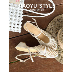 JIAOYU | Dép Sandal Mũi Hở Kiểu Dệt Celeb Style Đế Cao Phong Cách La Mã