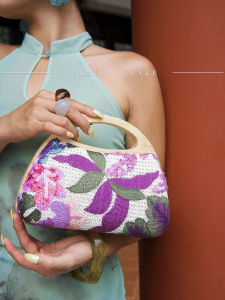 UGALS | New Chinese Style Heavy Work Wood Handle Embroidered Flowers Sequins Shiny Shoulder Handbag