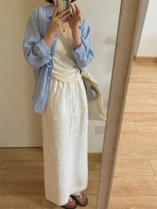 Extended Size Cotton Linen A-line Mid-calf Skirt for Women Elegant Fork Old Fashioned Spring Autumn Loose Fits Office Wear