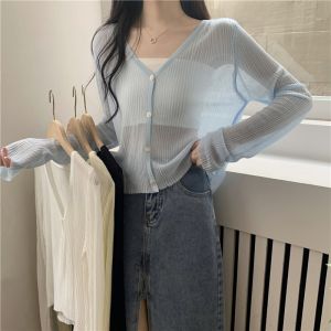 chaqi | Lightweight Knitted Ice Silk Short Sleeve Cardigan Womens Summer Shoulder Wrap Outerwear Long Sleeve Cover Up Fashionable