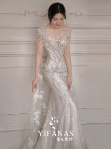 Elegant Fish Tail Bridal Gown Korean Style Wedding Dress with Belt Sparkling Fabric High Waist Slimming Skirt for Bride