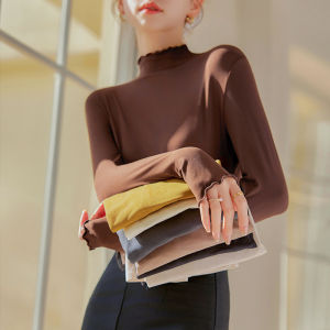 Autumn Winter Wood Grain Edge Womens Slim Fit Long Sleeve Base Shirt Coconut Oil Mask Inner Wear T-Shirt High Waist Pants