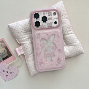 Sanrio | Cute Cartoon Glitter Powder Hollowed-Out Line My Melody Phone Case For iphone 16 15 17 Pro Max Lens Protective Cover With Chain
