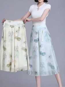 New Chinese Style Printed Wide Leg Pants Half Skirt 2025 Summer High Waist Slimming Fashionable Midi Seven-Quarter Length