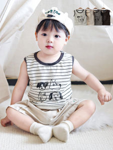 Summer Childrens Striped Vest Sleeveless T-shirt Cartoon Print Shoulder Pad Short Sleeve Clothing for Boys And Girls