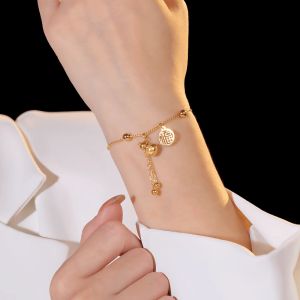 2024 New Arrival Titanium Steel Fu Character Gourd Snake Bone Bracelet Female Ins Style Fashion round Beads Pull-out Vintage Jewelry