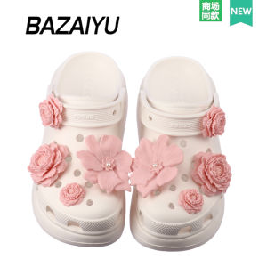 Pink Tea Rose Shoe Buckle Accessory for Crocs/Crocs High-End Sensation Fish Hole Shoes Accessories Ba Zai Yu Brand PVC80668