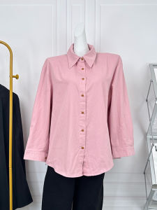 เสื้อเชิ้ตแขนยาวสีชมพูหลวมๆ สำหรับผู้หญิง ทรงเข้ารูป เสื้อคลุมกันหนาวแบบเปิดไหล่ ทรงเข้ารูป เสื้อเชิ้ตสีพื้น