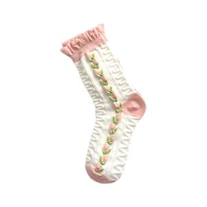 White Socks Cute Japanese Pink Flower Socks Lolita Style Tube Socks Lace Jk Socks for Women