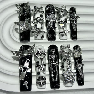 10PCS Extra Long Tube Square Y2K Gyaru Black White Stripes Handmade Press On Nails Stars Cross Fake Nails Planet Gothic Nail Art