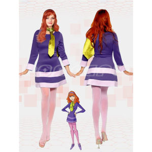 สกูปภาพยนตร์! ชุดที่คาดศีรษะชุดเดรสสีม่วงคอสเพลย์ดาฟเน่สคูบี้ดูเครื่องแต่งกายผู้ใหญ่ผู้หญิงฮาโลวีนชุดเจ้าหญิงดาฟเน่วิกผมผมยาวลอนสีส้ม