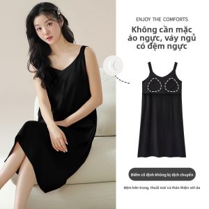 Váy ngủ nữ MiiOW vải lụa băng không tay có đệm ngực dài đến giữa bắp chân