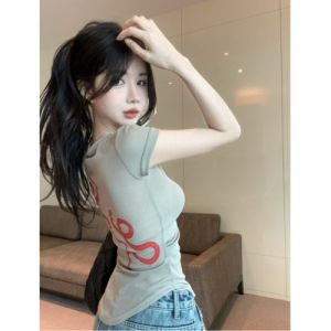 GUZILIAN | Slim Fit Short Sleeve T-Shirt Womens Spring Summer Thin Back Double Snake Print Fashionable Casual Korean Style Top
