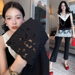 Elegant High Waist Lace Splicing Straight Leg Casual Pants Womens Fashion Spring High-End Sensation Hollow out Patchwork