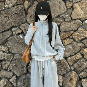 Casual High Waist Wide Leg Pants Set Womens Loose Fit Sweatshirt Two Piece Suit Autumn New Style Slimming Design Sense