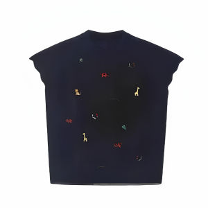 YUEZHONGWEI | Áo thun tay ngắn thêu kiểu Pháp cho nữ mùa hè thiết kế ôm vừa vặn cổ tròn chất liệu lụa lạnh dệt kim vai thường