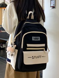 OUDENGPAI | Large Capacity Canvas Backpack For Elementary And Middle School Girls Black Double Shoulder Bag With Soft Handle Casual Style