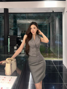 Fine Wool Sleeveless Vest and Pencil Skirt Set Grey